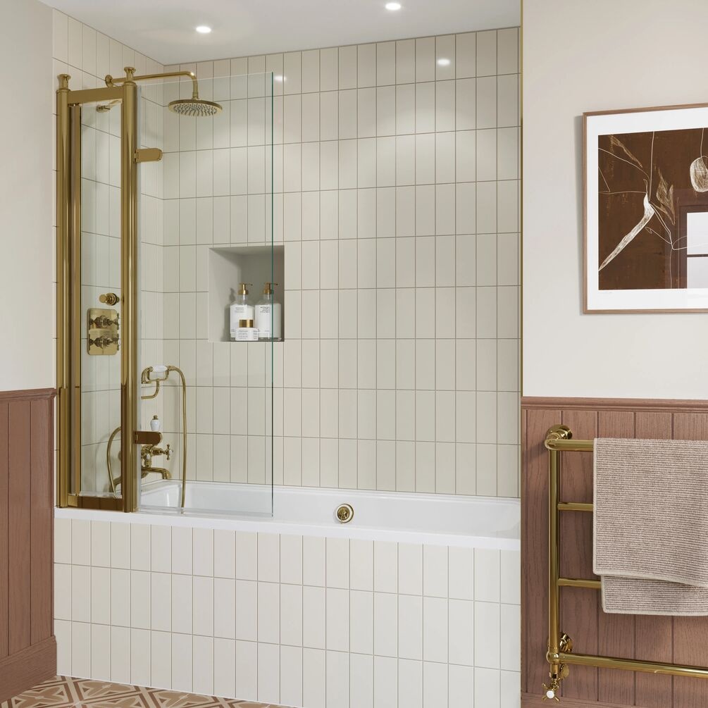 Lifestyle image of Burlington Classique Gold Hinged Inline Bath Screen & Access Door